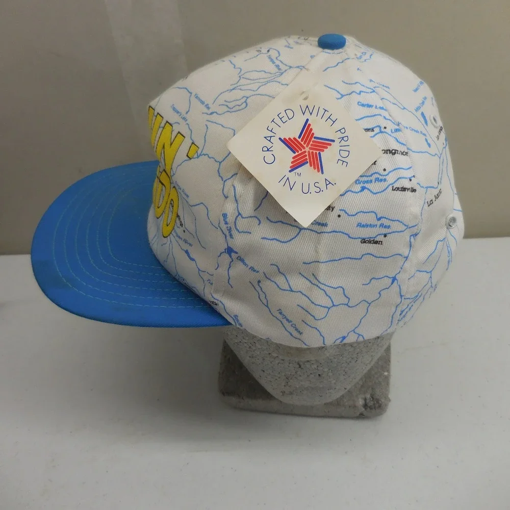 Vintage Fishin Colorado Snapback Hat Map Print Blue White Trucker Cap USA Made